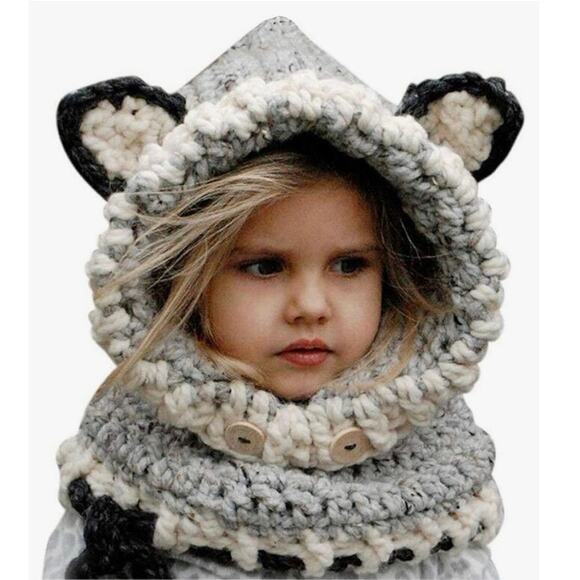 None Other - Fox Hat Scarf Crochet Knitted Woolen Caps Cute Earflap Hood Scarves Bean…